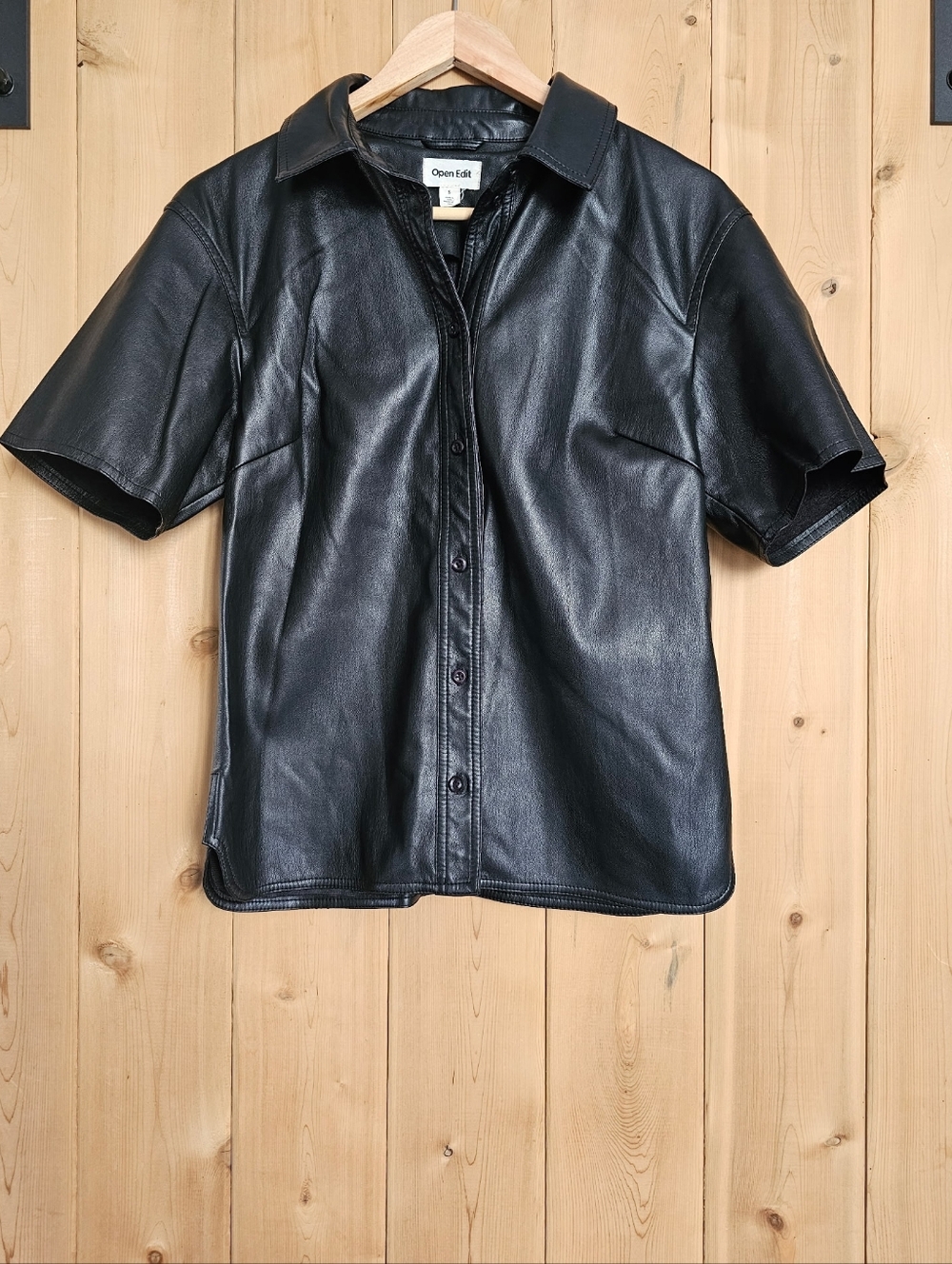 Black Vegan Leather Short-Sleeve Button-Up Top